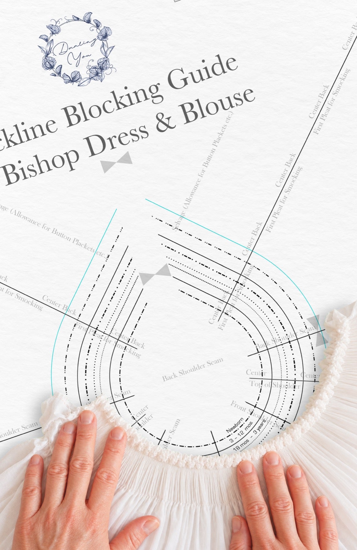 Printed neckline blocking guide for bishop dresses and blouses, with hands aligning a smocked neckline on the template
