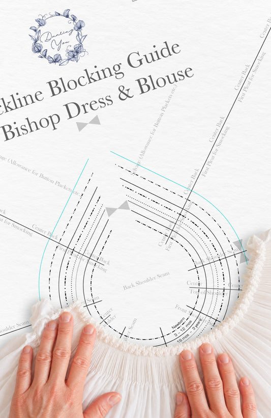 Printed neckline blocking guide for bishop dresses and blouses, with hands aligning a smocked neckline on the template