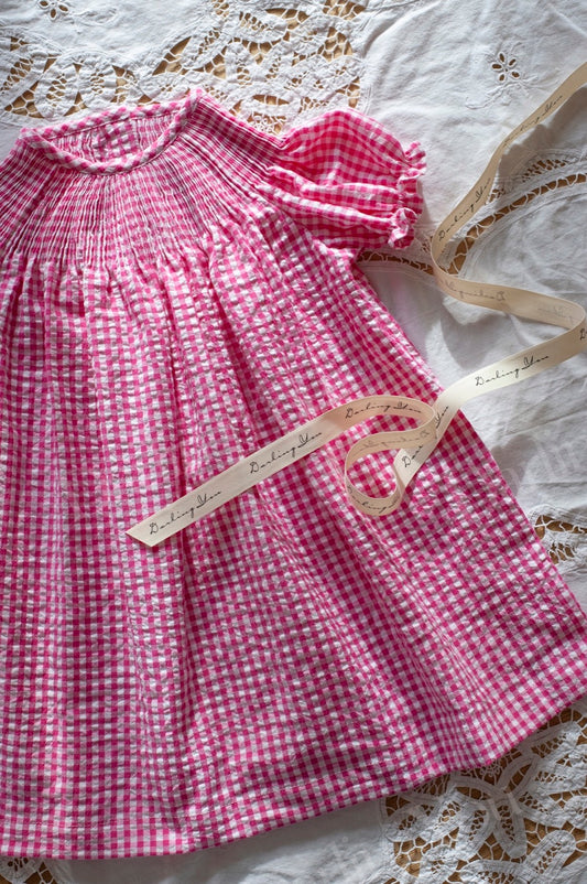 06. Ready to Smock Pleated Dress (Seersucker Gingham) for Kids - Short Sleeves