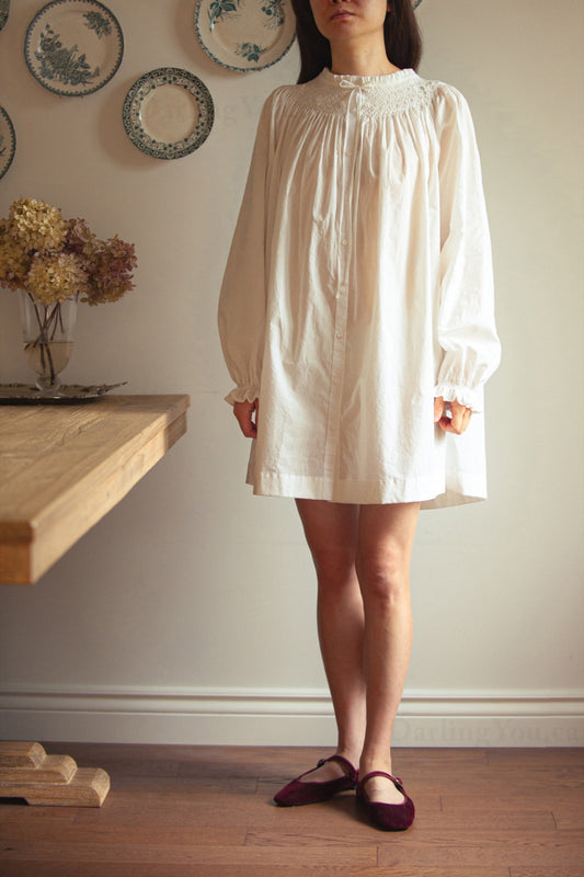 Women wearing hand smocked Mini nightgown and dress for home relaxation and romantic events and occasions. Made in Canada.