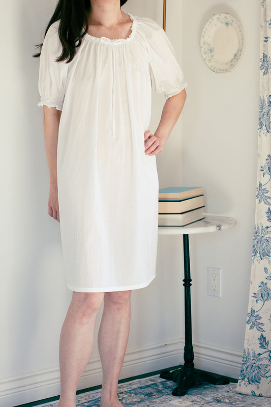 Lindsay Mini Smocked Sleeve Nightdress in 100% White Cotton Voile Fabric