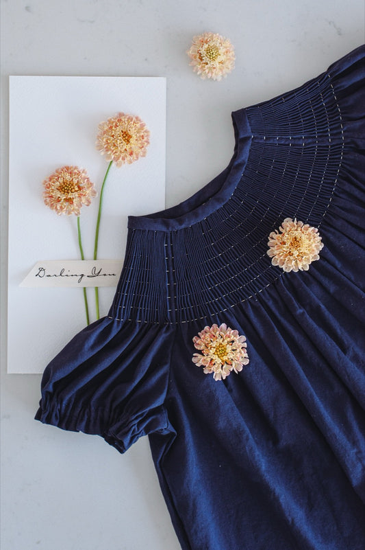 Short sleeves ready to smocked kids dress finished in Navy Blue. Heirloom Summer and Spring dress.