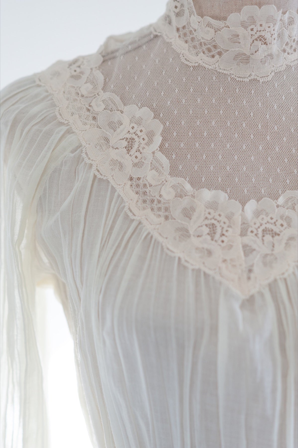 Vintage 1970s Gauze Sheer Midi Dress with Lace Collar