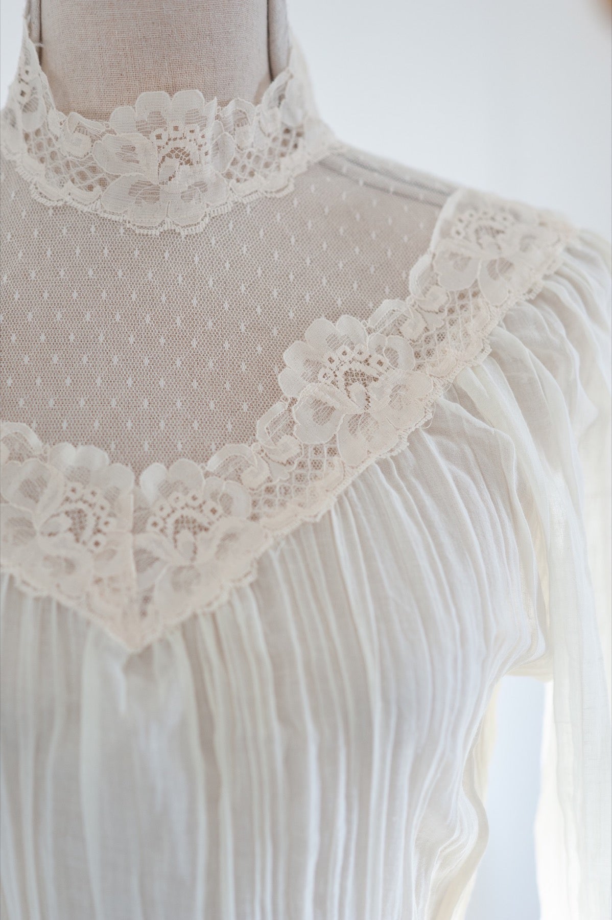 Vintage 1970s Gauze Sheer Midi Dress with Lace Collar