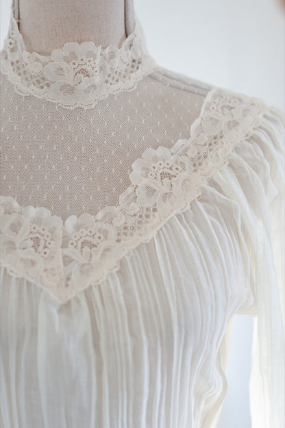 Vintage 1970s Gauze Sheer Midi Dress with Lace Collar