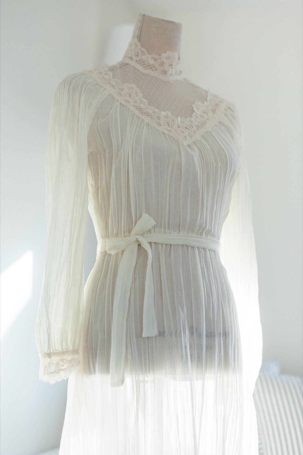Vintage 1970s Gauze Sheer Midi Dress with Lace Collar