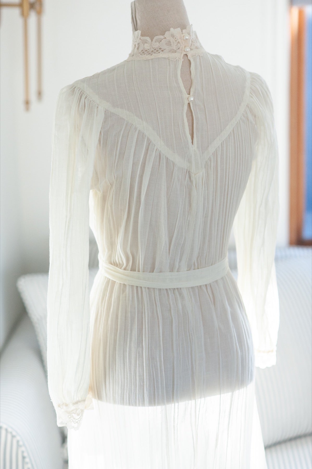 Vintage 1970s Gauze Sheer Midi Dress with Lace Collar